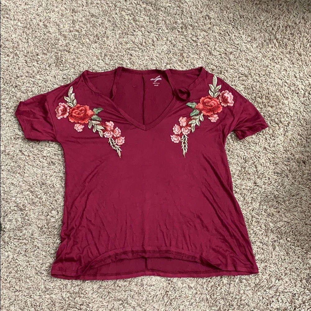 maroon floral embroidered t-shirt